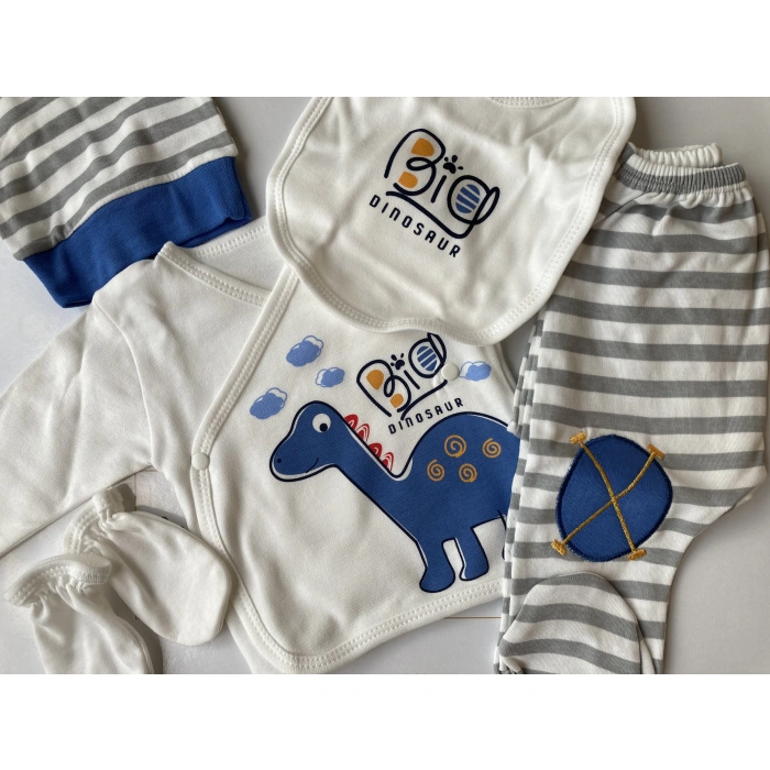 Bebek Yenidoğan Mavi Dinozor Modelli 5 Parça Hastane Çıkış Seti