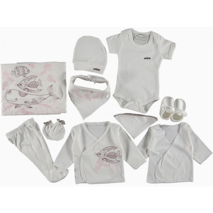 Kız Bebek Pembe Okyanus Modelli Pamuklu 10 Parça Hastane Çıkış Seti