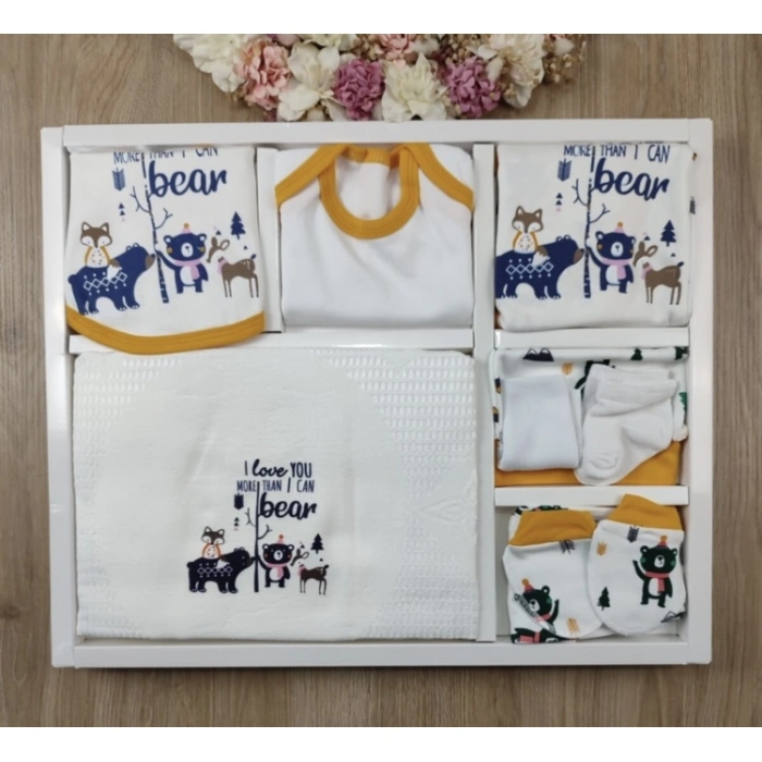 Bebek Hastane Çıkışı Kahraman Ayı Desenli Pamuklu 10 Parça Zıbın Seti