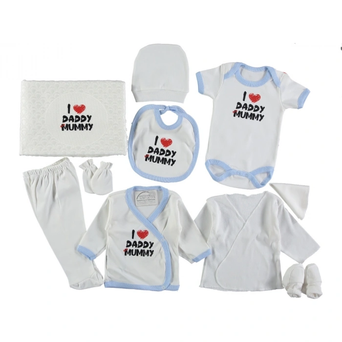 Bebek Hastane Çıkışı Mom & Dad Baskılı Pamuklu 10 Parça Zıbın Seti