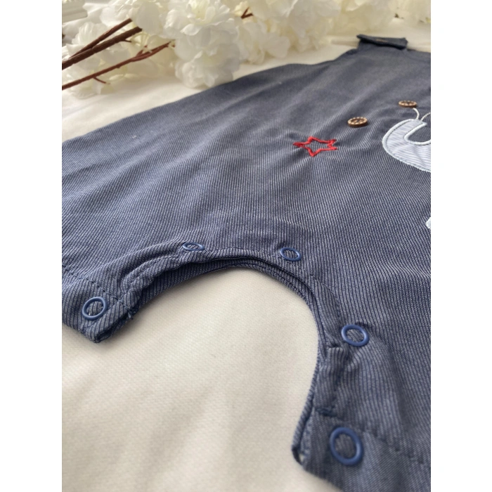 Unisex Bebek Denim Renk Pamuklu Fil İşlemeli Askılı Yumuşak Kumaş Çıtçıtlı Tulum