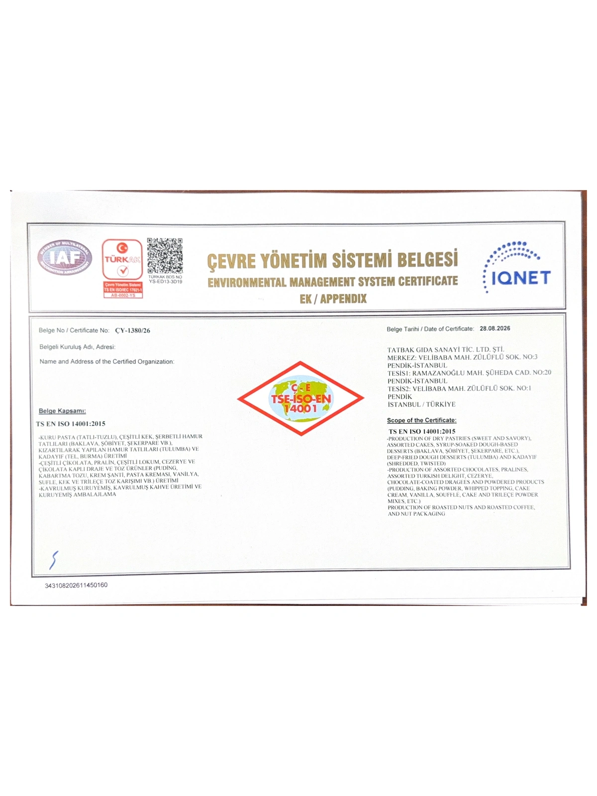 Çevre Yönetim Sistemi Ek Belgesi