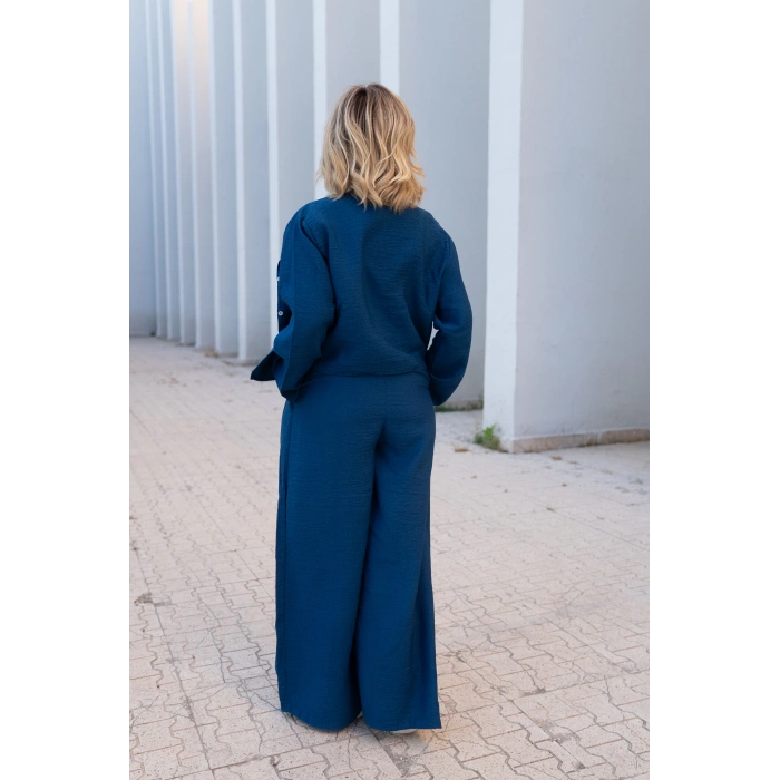 Bağcık Detaylı Pamuklu Takım – Petrol Mavisi