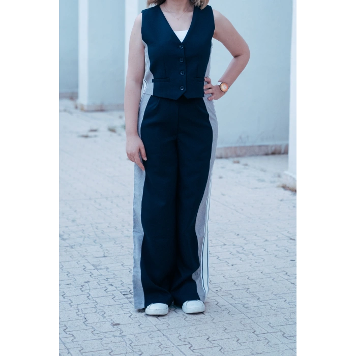 Çizgi Detaylı Düğmeli Yelek Takım – Lacivert Gri