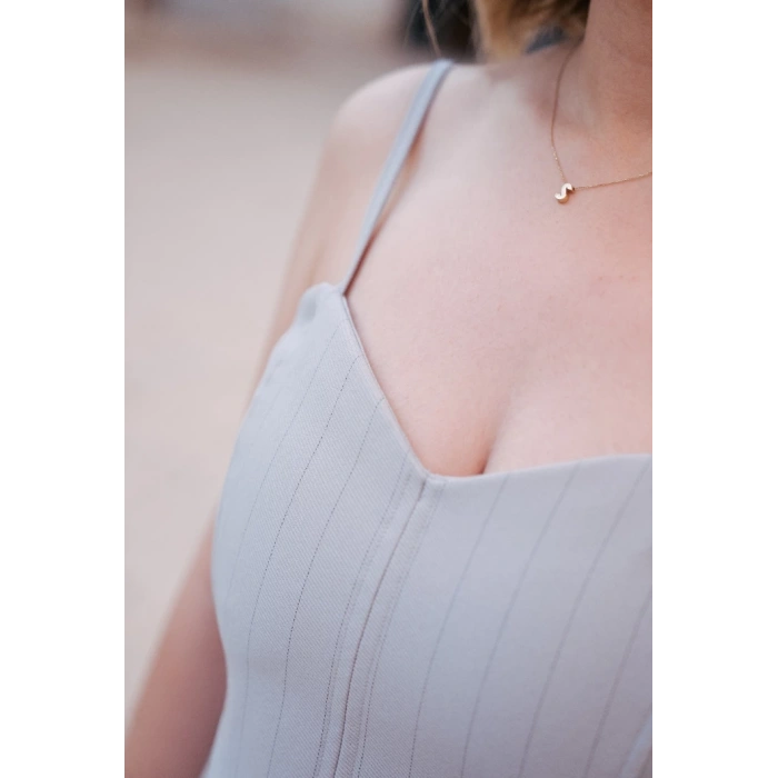 Çizgili Oversize Yelekli Takım – Açık Gri