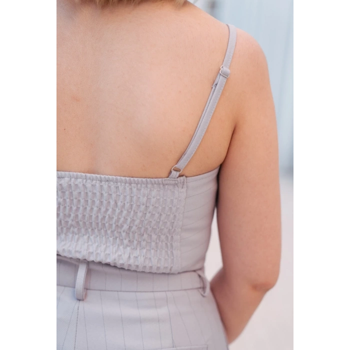 Çizgili Oversize Yelekli Takım – Açık Gri