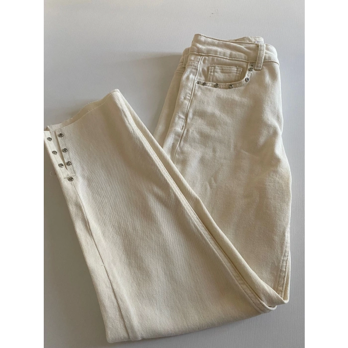 Düğme Detaylı Ekru Yüksek Bel Jean Pantolon