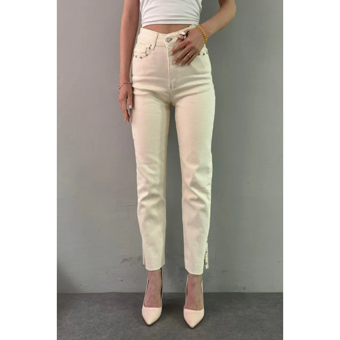 Düğme Detaylı Ekru Yüksek Bel Jean Pantolon