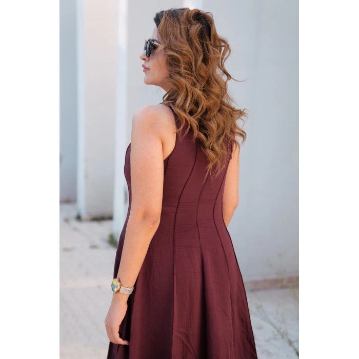 Fit Kesim Kolsuz Keten Elbise – Bordo