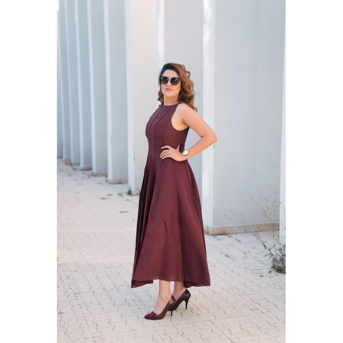 Fit Kesim Kolsuz Keten Elbise – Bordo