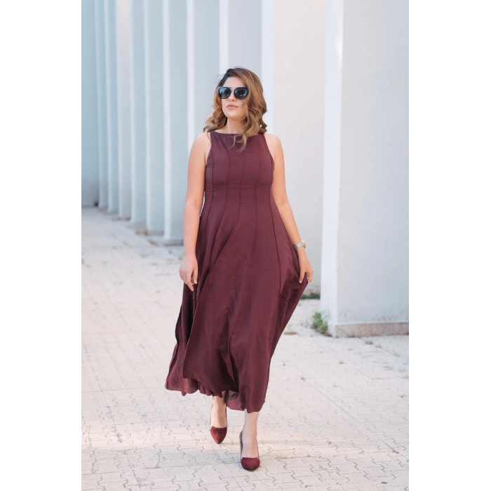 Fit Kesim Kolsuz Keten Elbise – Bordo