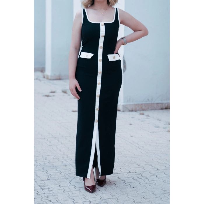 Gold Düğme Detaylı Beyaz Çizgili Siyah Elbise