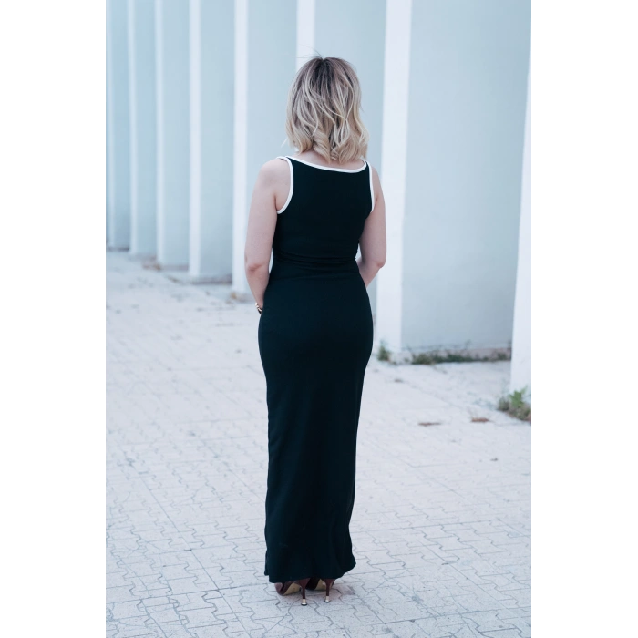 Gold Düğme Detaylı Beyaz Çizgili Siyah Elbise