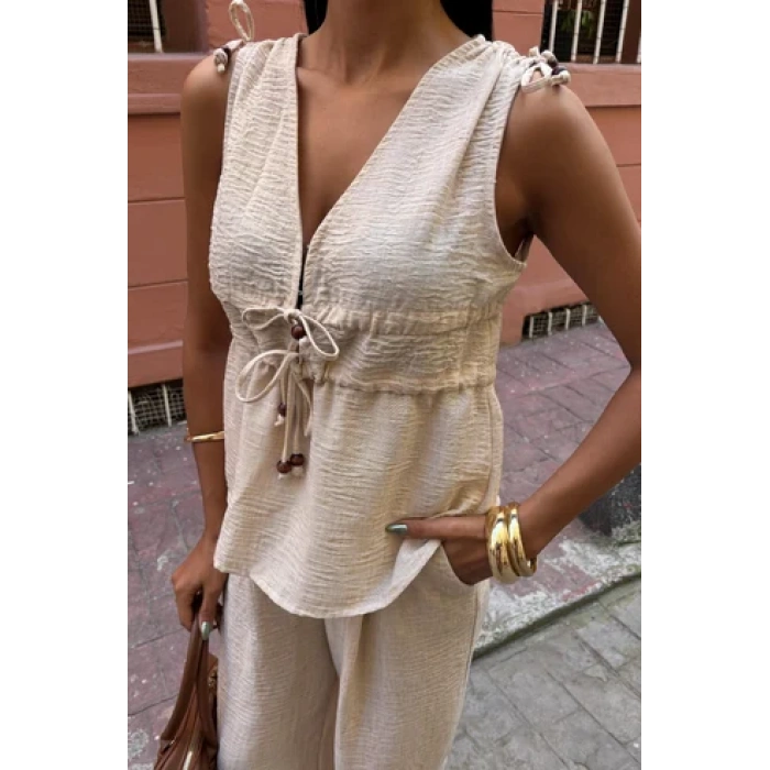 Lunera Bohem Bağlama Detaylı Keten Takım