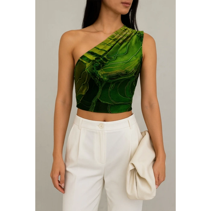 Lunera Sora Yeşil Tek Omuz Crop Bluz