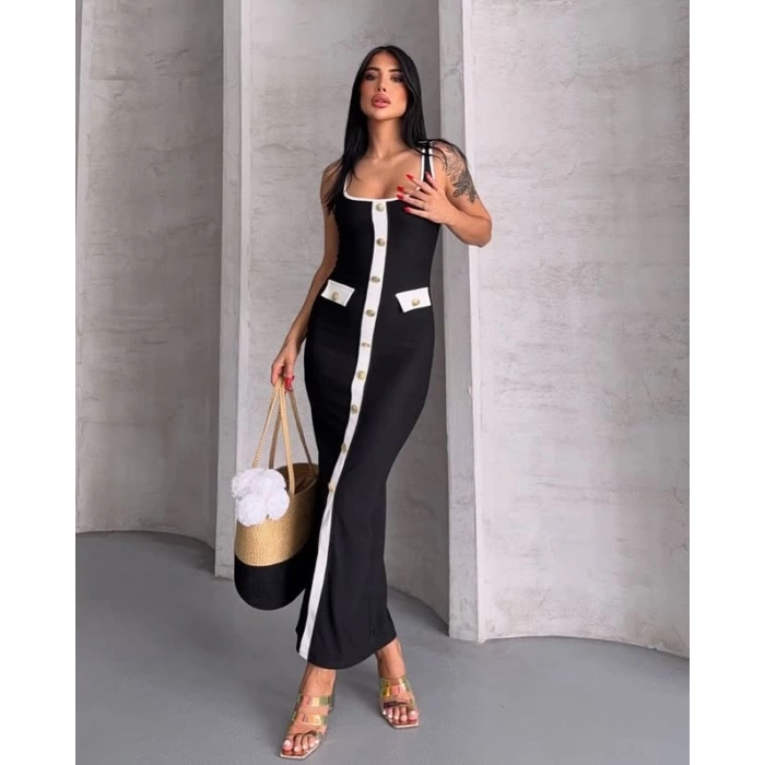 Mira Gold Düğme Detaylı Siyah Elbise