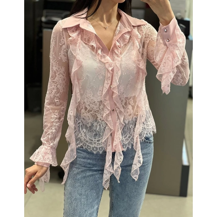 Serena Dantelli Fırfır Detaylı Ekru Gömlek