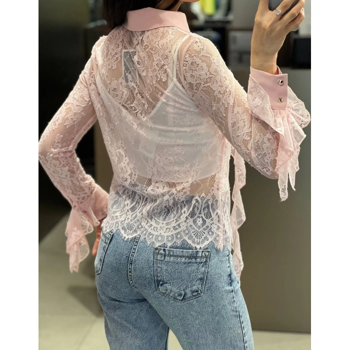 Serena Dantelli Fırfır Detaylı Ekru Gömlek