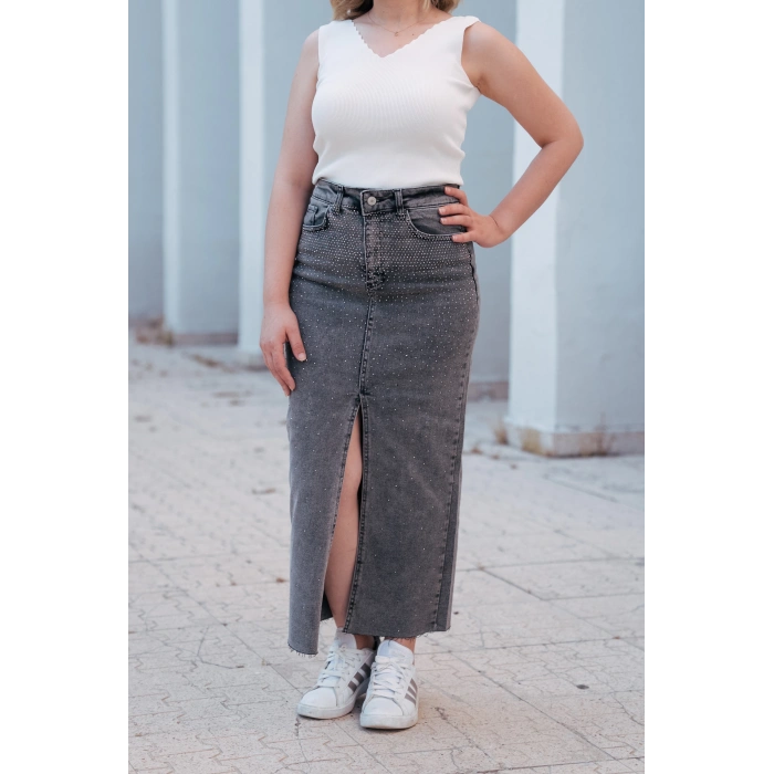 Taş Detaylı Yırtmaçlı Füme Denim Etek