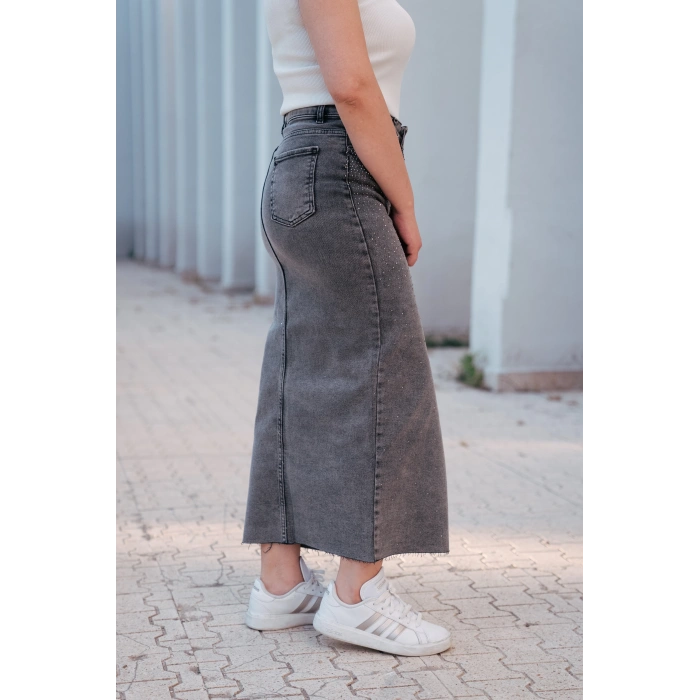 Taş Detaylı Yırtmaçlı Füme Denim Etek