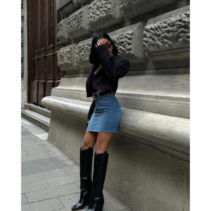 Zara Stil Yırtmaç Detaylı Füme Etek