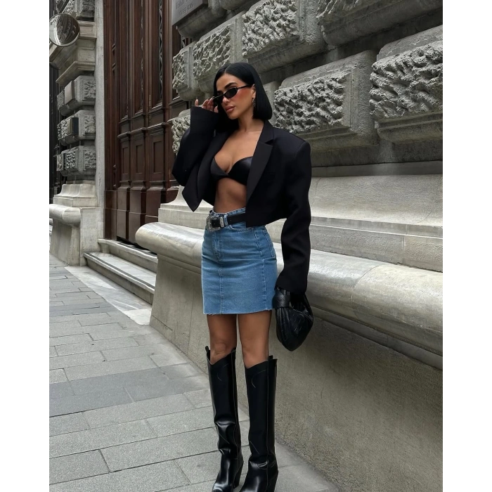 Zara Stil Yırtmaç Detaylı Füme Etek