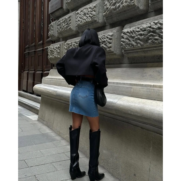 Zara Stil Yırtmaç Detaylı Füme Etek