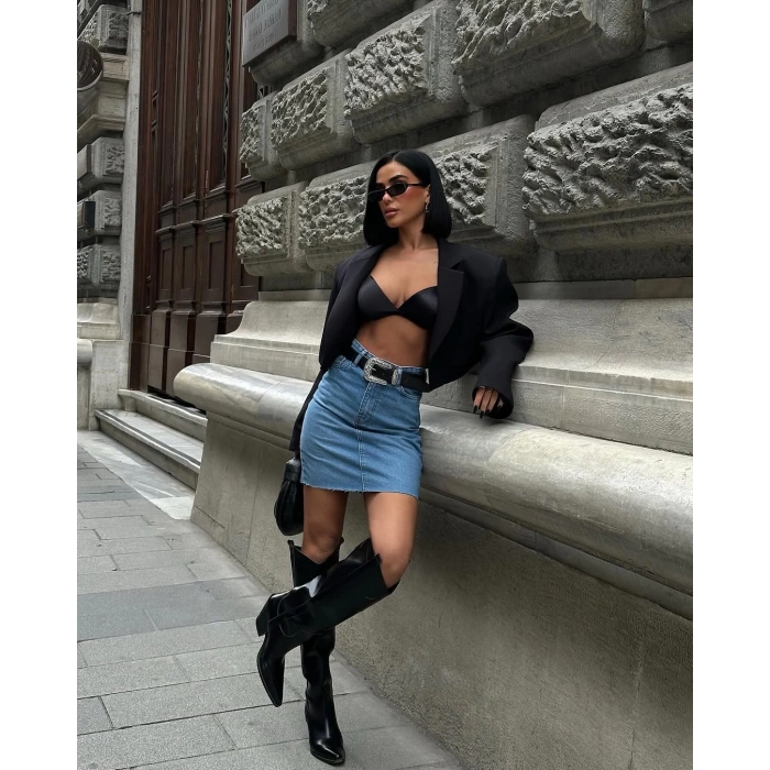 Zara Stil Yırtmaç Detaylı Füme Etek