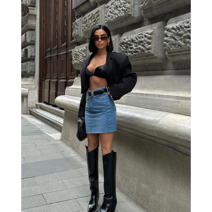 Zara Stil Yırtmaç Detaylı Füme Etek