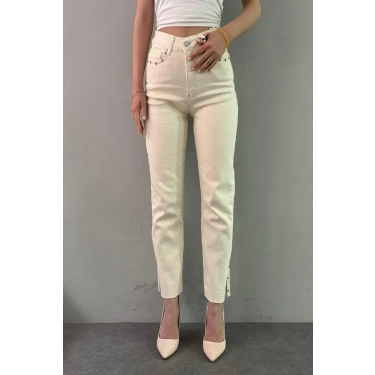 Düğme Detaylı Ekru Yüksek Bel Jean Pantolon