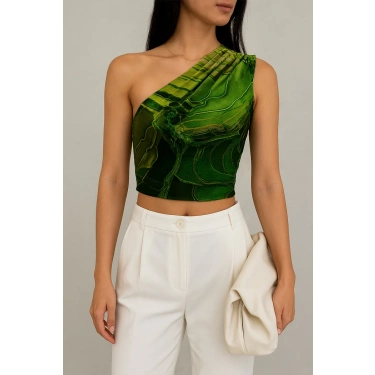 Lunera Sora Yeşil Tek Omuz Crop Bluz