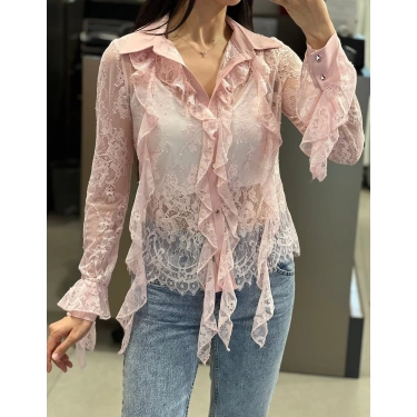 Serena Dantelli Fırfır Detaylı Ekru Gömlek