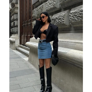 Zara Stil Yırtmaç Detaylı Füme Etek