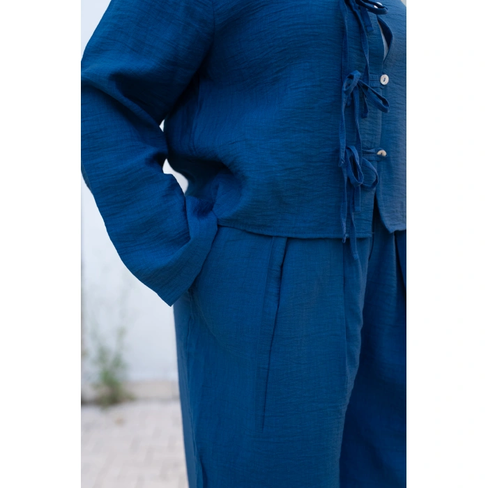 Bağcık Detaylı Pamuklu Takım – Petrol Mavisi