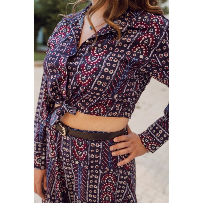 Belden Bağlamalı Desenli Viskon Elbise – Bordo Lacivert