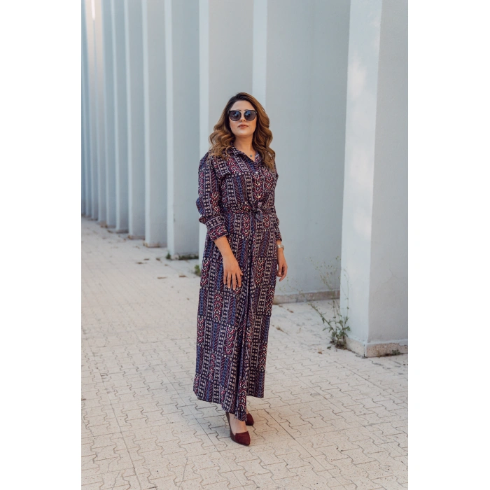 Belden Bağlamalı Desenli Viskon Elbise – Bordo Lacivert