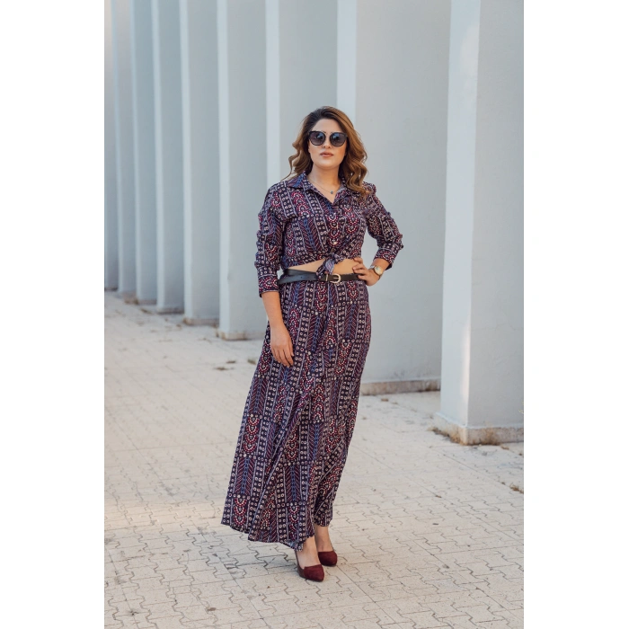 Belden Bağlamalı Desenli Viskon Elbise – Bordo Lacivert