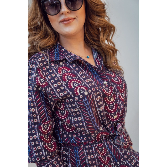 Belden Bağlamalı Desenli Viskon Elbise – Bordo Lacivert