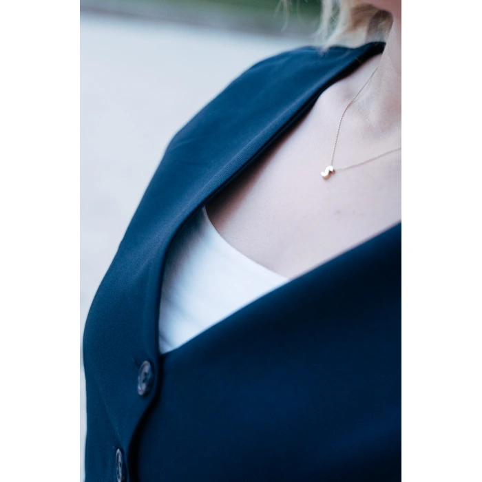 Çizgi Detaylı Düğmeli Yelek Takım – Lacivert Gri