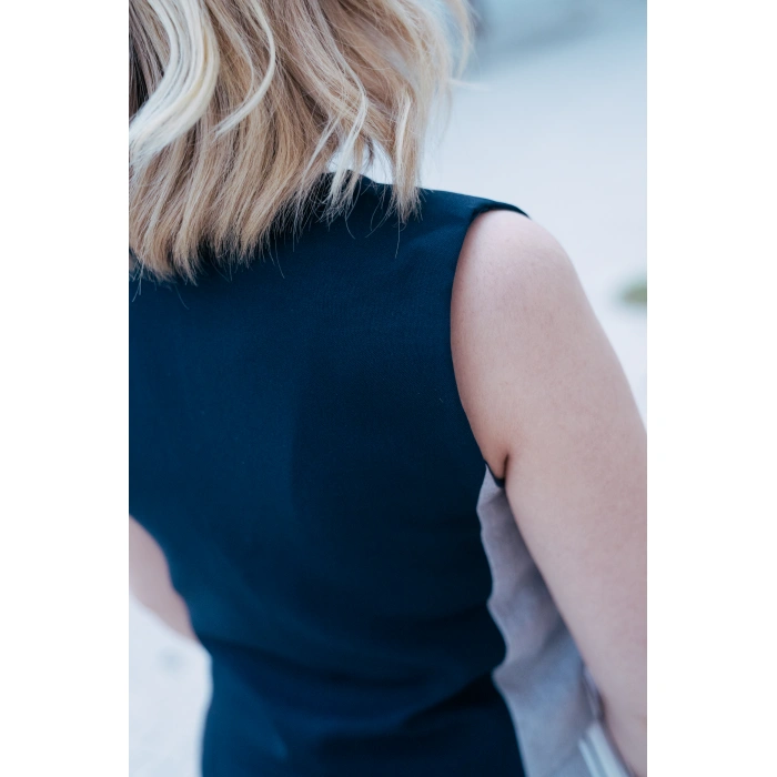 Çizgi Detaylı Düğmeli Yelek Takım – Lacivert Gri