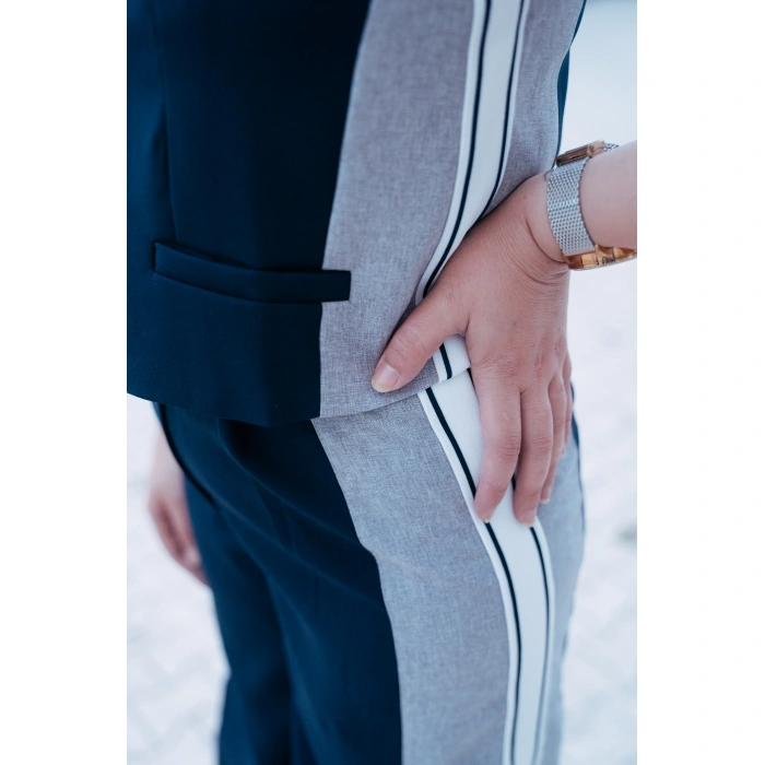 Çizgi Detaylı Düğmeli Yelek Takım – Lacivert Gri