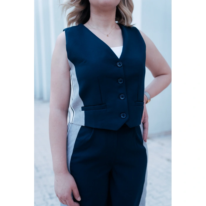 Çizgi Detaylı Düğmeli Yelek Takım – Lacivert Gri
