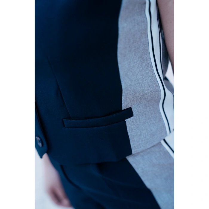 Çizgi Detaylı Düğmeli Yelek Takım – Lacivert Gri