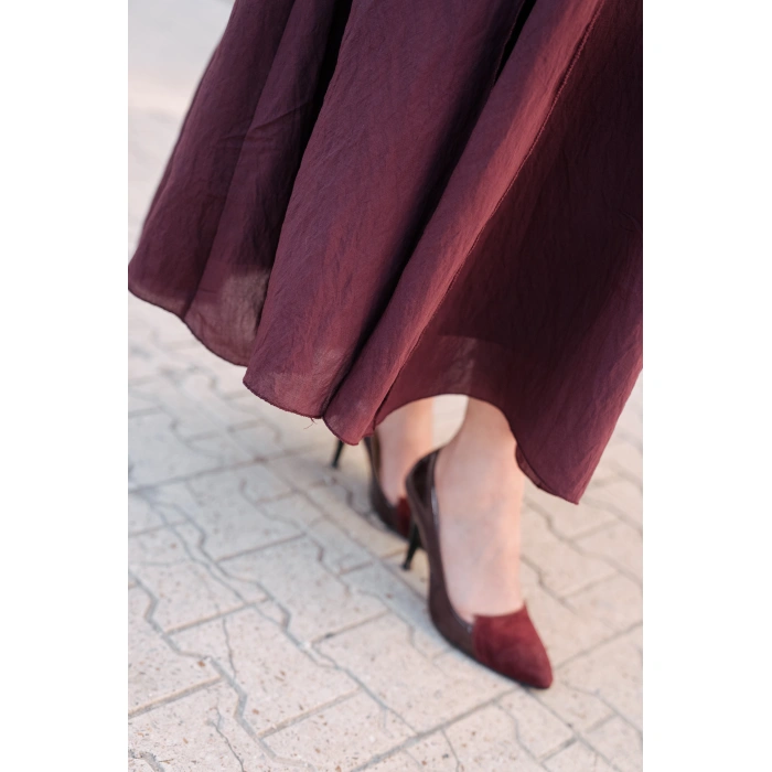 Fit Kesim Kolsuz Keten Elbise – Bordo