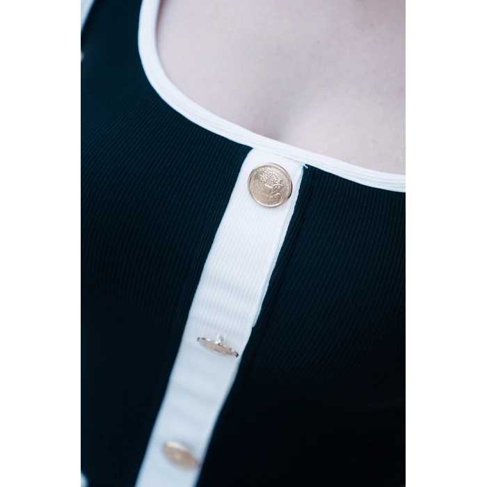 Gold Düğme Detaylı Beyaz Çizgili Siyah Elbise