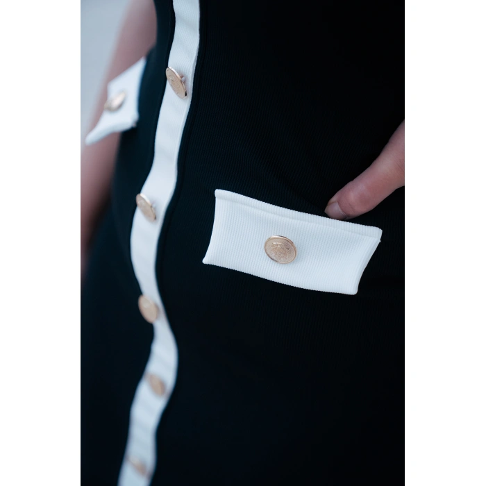 Gold Düğme Detaylı Beyaz Çizgili Siyah Elbise