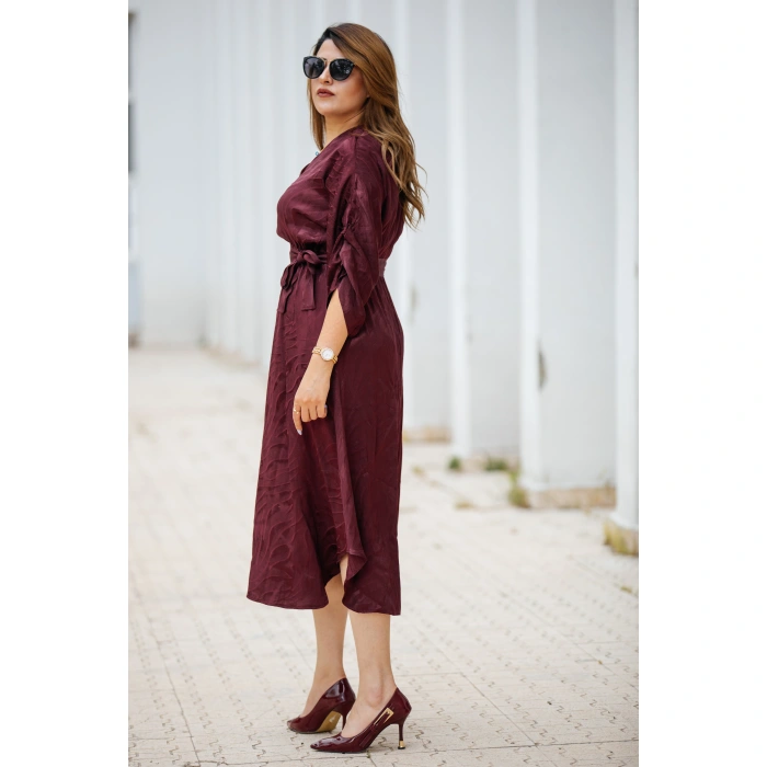 Melina Kuşaklı Bordo Elbise