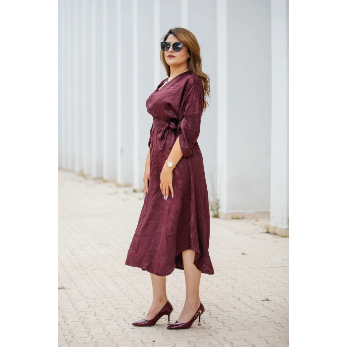 Melina Kuşaklı Bordo Elbise