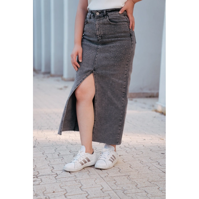 Taş Detaylı Yırtmaçlı Füme Denim Etek