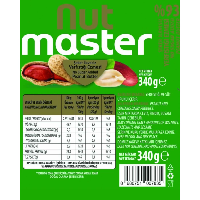 Nut Master Şeker İlavesiz Yer fıstığı Ezmesi %93 340 gr